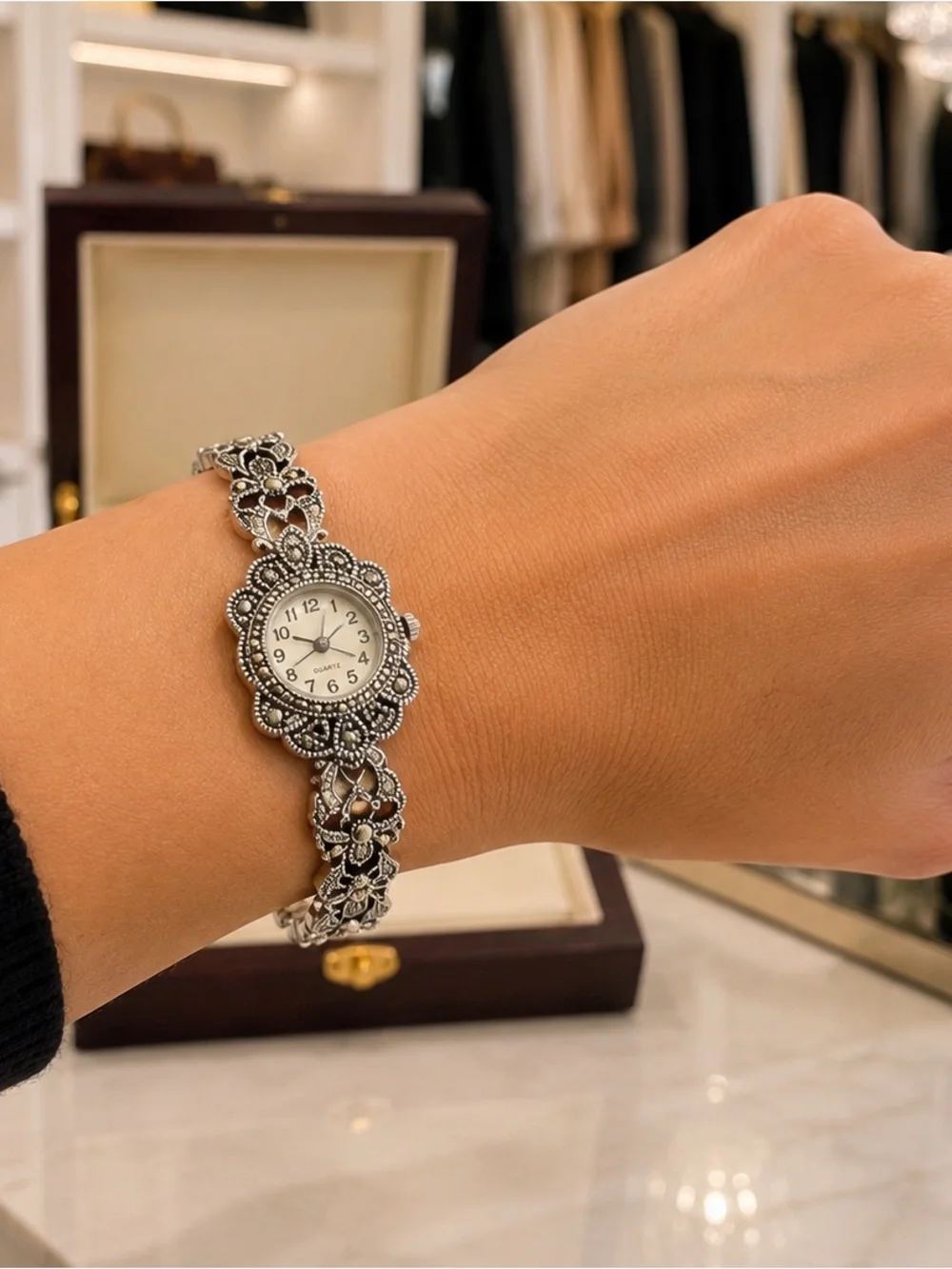 Silver Floral Filigree Women’s Bracelet Watch